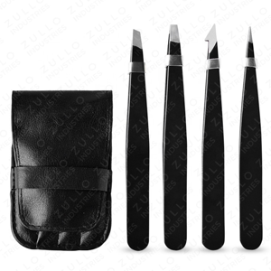 4 Piece Black Powder Coated Stainless Steel Slanted Eyebrow Tweezers Set OEM Private Label with Storage Bag <b>Precision</b> <b>Tool</b> - Product Image 5