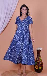 Blue Floral Print 100% Cotton Natural Waist Midi Woven A-Line Casual <b>Swing</b> <b>Dress</b> Short <b>Sleeve</b> U Neck for Summer Beach Vacation - Product Image 3