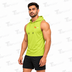 Camiseta sin mangas con capucha para hombre, color verde lima, de secado rápido, poliéster, deportiva, con logo impreso en la parte delantera, transpirable. - Product Image 2