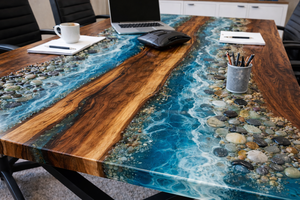 Table de salle à manger de luxe en résine époxy à bord naturel, écologique, style rivière Diwali, style océan bleu, mobilier de bureau et de conférence - Product Image 3
