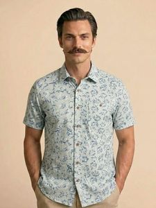 Chemise décontractée à manches courtes pour homme, double boutonnage, imprimé floral bleu clair, col rabattu, respirante, en lin/coton popeline, été - Product Image 3