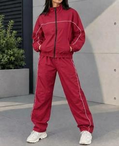 Custom <b>Woman</b> Nylon Winter Washed Solid Tracksuit Set Midweight Contrast Piping Windbreaker Zip Jacket Pant 2 Piece <b>Sweatsuit</b> - Product Image 5