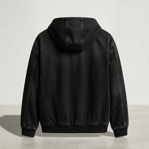 Men's <b>Black</b> Denim <b>Jacket</b> with Zipper Closure Solid Color Hooded Design 100% Polyester Woven Fabric Men's <b>Jeans</b> <b>Jacket</b> Bulk Order - Product Image 2