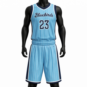 Ensemble Maillot et Short de Basketball Personnalisé Bleu Clair à Rayures Uniforme d'Équipe Respirant Séchage Rapide Vêtements de Sport - Product Image 1