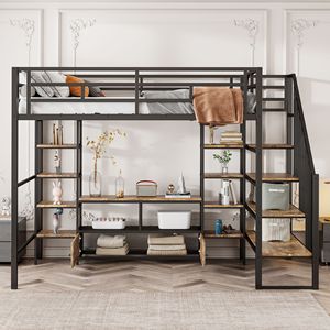 Letto a soppalco in metallo nero a grandezza naturale con scala, tavolo contenitore basso e scaffali portaoggetti - Product Image 3