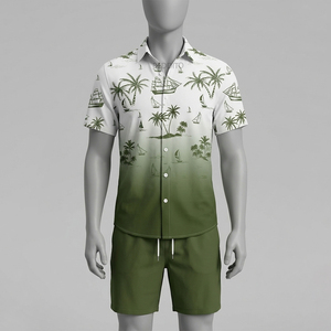 Men's Winter Casual Short Sleeve Shirt <b>Set</b> Gradient Green Polyester <b>Knitted</b> Breathable High Street Style Plus Size Quick Dry - Product Image 1