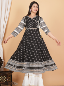 Cotton Slub Anarkali <b>Kurta</b> Dress Ikat Printed Floral Blouse Ethnic <b>Women</b> Summer Casual Knee-Length Sun Protection - Product Image 5