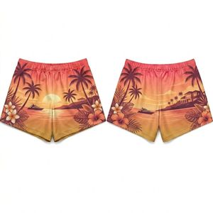 Shorts de Baño Casuales para Mujer, Estampado Tropical de Atardecer, Corte Recto, Secado Rápido, Cintura Elástica, Diseño Floral - Product Image 1