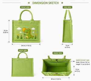 กระเป๋าโท้ทลายไดโนเสาร์สีเขียว ขนาด 28x23 ซม. ทำจากผ้าปอกระเจา พร้อมหูหิ้วแบบยาว มีช่องด้านใน เหมาะสำหรับงานแต่งงานและใส่ของชำ - Product Image 2