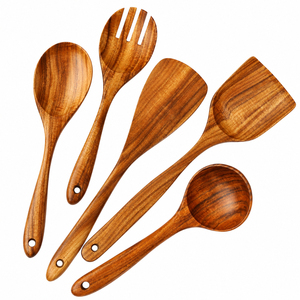 Ensemble de cuillères de cuisine en bois avec manches ondulés, 4 pièces, ustensiles de cuisine, spatule en bois et cuillère ajourée pour la cuisine à domicile - Product Image 5