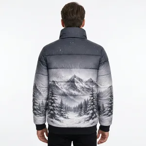 Men's Winter Puffer <b>Jacket</b> Snow Mountain Print Stand Collar Zipper Closure Windproof Casual Thick Polyester Material - Product Image 4