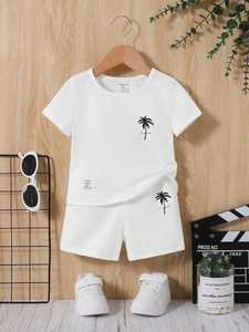 Ensemble de vêtements d'été 2 pièces pour bébés garçons et filles, T-Shirt blanc à manches courtes et short avec imprimé palmier - Product Image 1