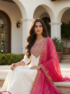 <b>White</b> Embroidered Silk Kurta <b>Palazzo</b> Set Pink Dupatta Traditional Indian Pakistani Women Casual Wear Ankle Length Regular Fit - Product Image 5