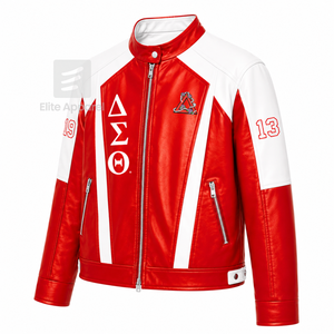 Custom Delta Sigma Theta Sorority Leather <b>jacket</b> red & <b>white</b> Embroidered logo Casual Style for female with polyester lining - Product Image 2