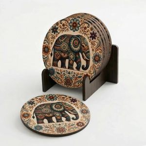 Ensemble de 6 sous-verres modernes en bois pour thé et café avec support |   Protecteur de table résistant à la chaleur pour tasses, mugs, verres, etc. - Product Image 3