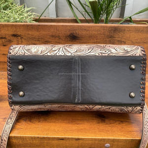 Exclusive Customizable Hand <b>Tooled</b> Genuine <b>Leather</b> Travel Duffle Bag with Intricate Floral & Card Design for Outdoor Use - Product Image 5