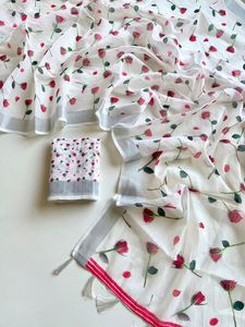 Sari en lin doux avec bordure tissée jacquard, imprimé numérique floral, chemisier imprimé – Tenue de soirée - Product Image 2