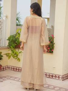 Designer Party Wear Embroidery Sequence Work Golden <b>Tissue</b> Top With Blouse And Plazzo Bottom Fully Stitched Ready To Wear Set - Product Image 3