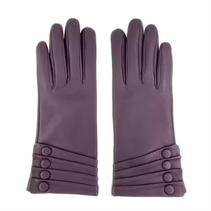 Purple Leather Wrist Length Gloves With Button Detail Plain Style Casual Wear Winter Warmth - Product Image 1