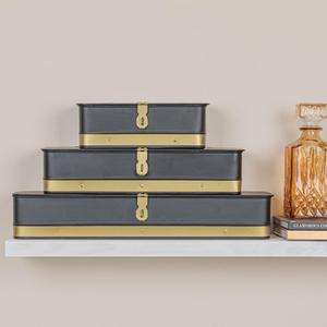 Nested Set of 3 Matte Black Metal Trunk Boxes Decorative Metal <b>Storage</b> <b>Chests</b> with Brass Latch & Rivet Detail - Product Image 3