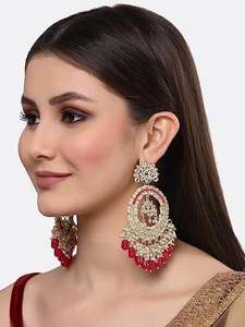 Lujoso candelabro Kundan Chandbali con cuentas, joyería tradicional india para bodas, venta al por mayor, con perlas incrustadas, Meenakari, chapado en oro, étnico. - Product Image 5