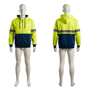 <b>Mens</b> 340 GSM Cotton Polyester <b>Fleece</b> <b>Work</b> Hoodie Yellow Navy Contrast Panel Reflective Tape Custom Embroidery Print - Product Image 1