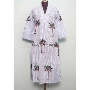 Vestido maxi de algodón 100% puro con estampado floral hecho a mano, manga larga, cuello en V, informal, ecológico, para verano, para mujer. - Product Image 1