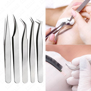 Silver Stainless Steel Angled Volume Eyelash Tweezers Set 5 PCS Pointed Tip Extension <b>Tools</b> with PU Leather Case - Product Image 5