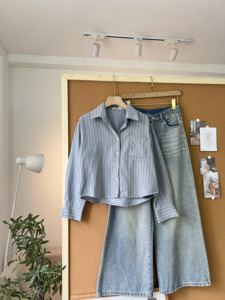 L826959 <b>Women's</b> <b>Khaki</b> Cotton Woven Long Sleeve Crop <b>Top</b> Shirt with 1 Front Pocket, Button Collar, Stylish Spring Summer Casual - Product Image 6