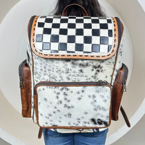 Nueva mochila manual de cuero a cuadros con diseño cónico para llevar con el pelo, mochilas para pañales de diseño único, duraderas para uso diario - Product Image 4