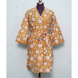 100% Pure Cotton Long Shirt <b>Dress</b> V-Neck 3/4 Sleeve Button Front belt Style Evening Formal Block Printed flare sleeves for women - Product Image 1