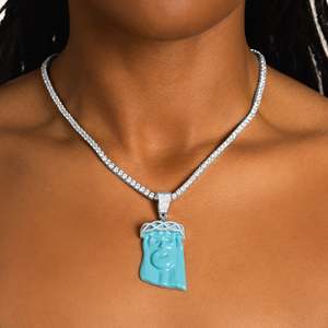 Collier Pendentif Visage de Jésus en Turquoise, Argent 925 Plaqué Rhodium, Couronne en Moissanite, Bijou Religieux Chrétien Unisexe avec Chaîne Maille Forçat - Product Image 2