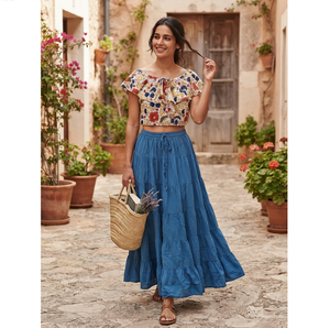 Robe bohème pour femmes, haut court en coton imprimé avec jupe longue confortable et respirante, ensemble de robe fantaisie en 2 pièces - Product Image 1
