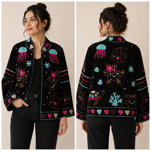 Sujani Bomber Leather <b>Jacket</b> Reversible Floral Design Autumn Stand Collar - Product Image 3