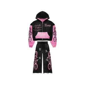 Black Pink Rasp Cropped Zip Hoodie <b>Set</b> | Oversized Distressed Hoodie & Baggy Jeans | Streetwear <b>Matching</b> <b>Set</b> OEM Private Label - Product Image 1
