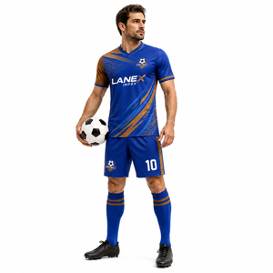 Ensemble d'uniformes de football personnalisés en gros – Maillot et short de football professionnels bleus et marron sublimés pour équipes de club et d'école - Product Image 2