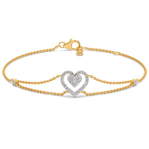 Bracelet double cœur en diamant avec chaîne double en or jaune et design central en forme de cœur superposé - Product Image 2
