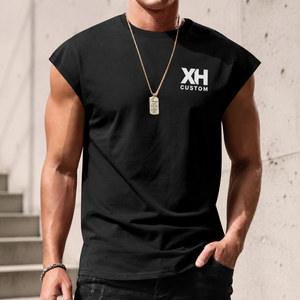 XH Custom Men's Sleeveless O-Neck <b>T</b>-Shirt Cotton Jersey Casual Breathable Regular Fit Front Logo Print - Product Image 1