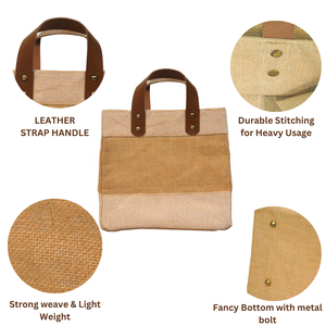 Reusable <b>Small</b> Jute Tote <b>Shopping</b> Bag with Leather Strap Handles Water Resistant Inner Lining Juco Jute Cotton <b>Shopping</b> Bag - Product Image 3