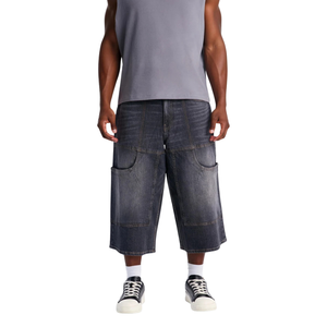 Shorts en jean cargo gris anthracite pour homme, coupe ample, jambe large, en coton, multi-poches, longueur genou, style décontracté streetwear, été - Product Image 1