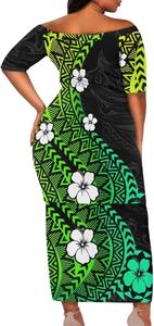 Vestidos de pareja con estampado tribal polinesio personalizado, vestidos casuales de diseñador con hombros descubiertos, vestidos de fiesta hawaianos con flores, vestidos largos con volantes para mujer - Product Image 2