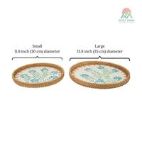 Plateau rond en bois tressé avec motif floral bleu, vaisselle moderne écologique, panier de rangement décoratif avec poignées