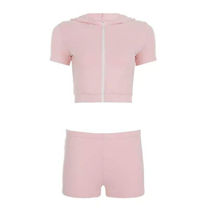 2026 Women's 2 Piece Solid Strapless <b>Set</b> Summer Zip Regular Fit Crop Top High Waist Biker Shorts Casual Pink Polyester/Cotton - Product Image 5