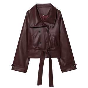 Veste en cuir véritable pour femme, style européen, double boutonnage, doublure en fausse fourrure, respirante et écologique - Product Image 1