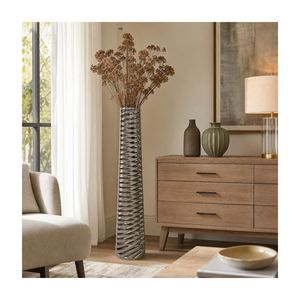 Vase de table en métal géométrique moderne, design industriel fait main, finition argentée, hauteur 39 cm, sculpture décorative - Product Image 2