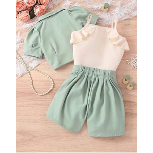 Girls Elegant Mint Green 3-Piece Summer Outfit <b>Set</b> with Crop <b>Blazer</b>, Ruffle Top & Shorts - Product Image 2