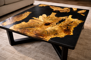 Table basse en résine époxy noire avec incrustation en bois de burl doré, moderne, artistique, faite à la main, pièce maîtresse pour salon - Product Image 4