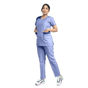 Women's Blue <b>Scrub</b> Set Short Sleeve Top With Pockets Hospital Uniform Woven Cotton Polyester Blend - Product Image 4