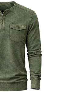Sudadera Henley de Manga Larga para Hombre, Personalizada, con Lavado Ácido, Verde, Estilo Casual con Botones y Bolsillos, para Invierno, de Algodón, Corte Ajustado - Product Image 4