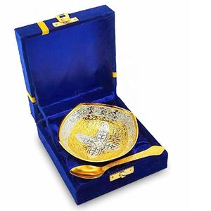 ชุดชามช้อนทองเหลืองชุบทองและเงินพร้อมกล่องสีน้ำเงินถ้วยเสิร์ฟขนมผลไม้แห้งสำหรับของขวัญแต่งงานคริสต์มาสงานขึ้นบ้านใหม่ - Product Image 2